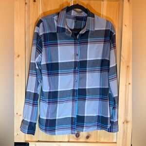 Kuhl Flannel Blue, Gray, Black & Purple Plaid, Size XL, super soft & cozy